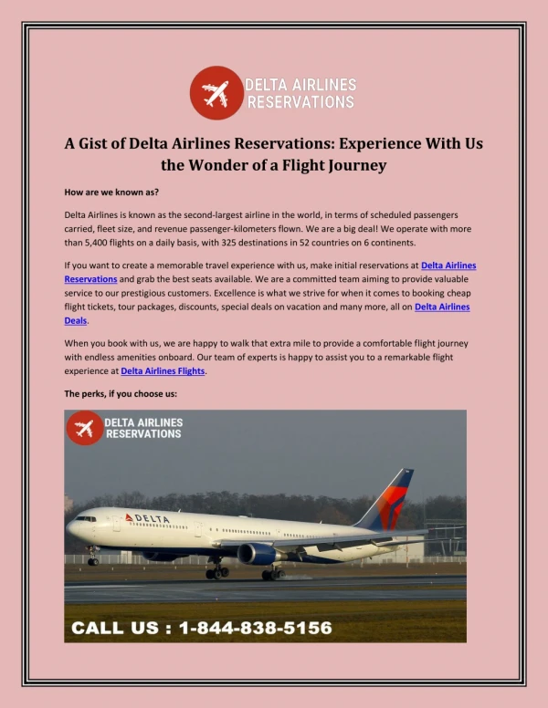 A Gist of Delta Airlines Reservations: Experience With Us the Wonder of a Flight Journey