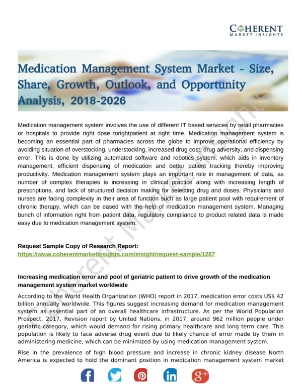 Medication Management System Market Size forecast to witness considerable growth from 2018 to 2026