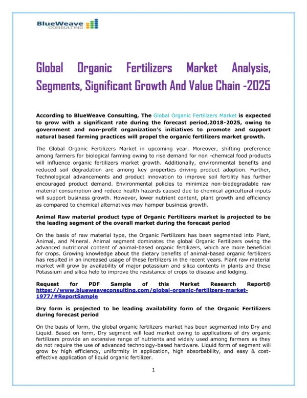 Organic Fertilizers Market 2019 Global Size, Opportunities, Business Growth and Forecast To 2025