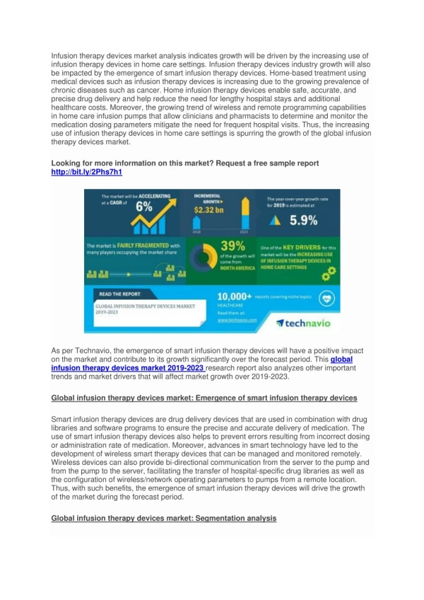 Global infusion therapy devices market size is forecast to grow by USD 2.32 billion during Forecast 2019-2023 at a CAGR