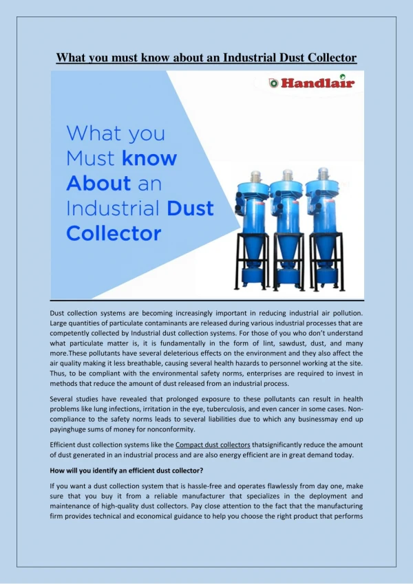What you must know about an Industrial Dust Collector