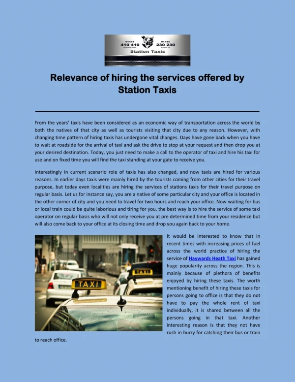 Relevance of hiring the services offered by Station Taxis