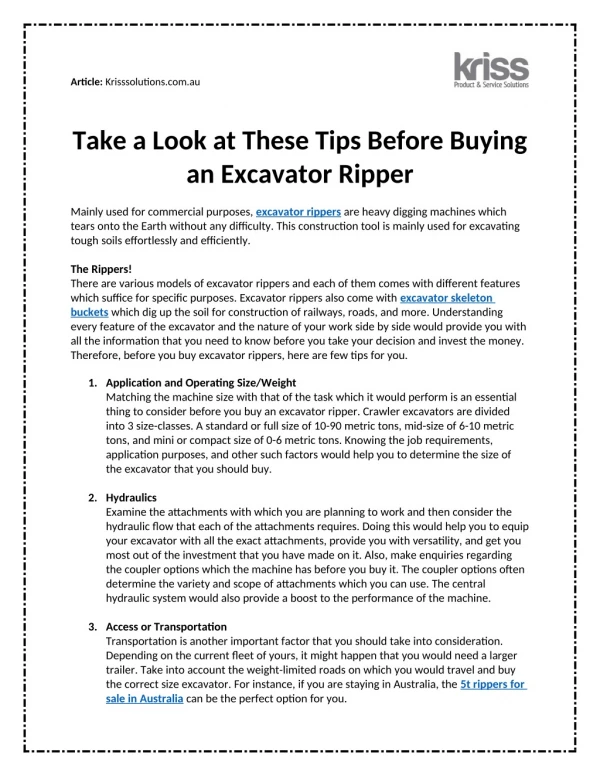 Take a Look at These Tips Before Buying an Excavator Ripper