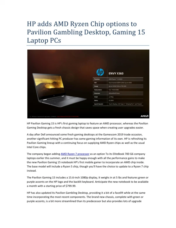 HP adds AMD Ryzen Chip options to Pavilion Gambling Desktop, Gaming 15 Laptop PCs