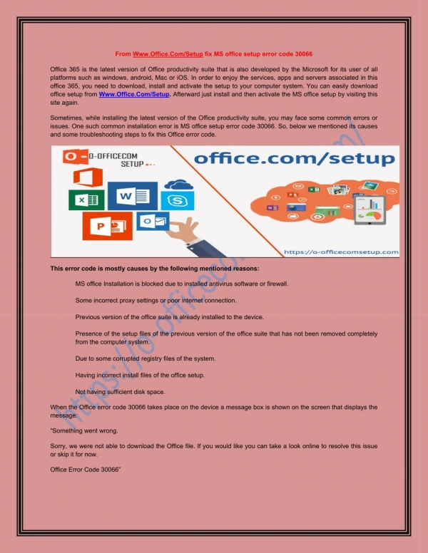 From Www.Office.Com/Setup fix MS office setup error code 30066