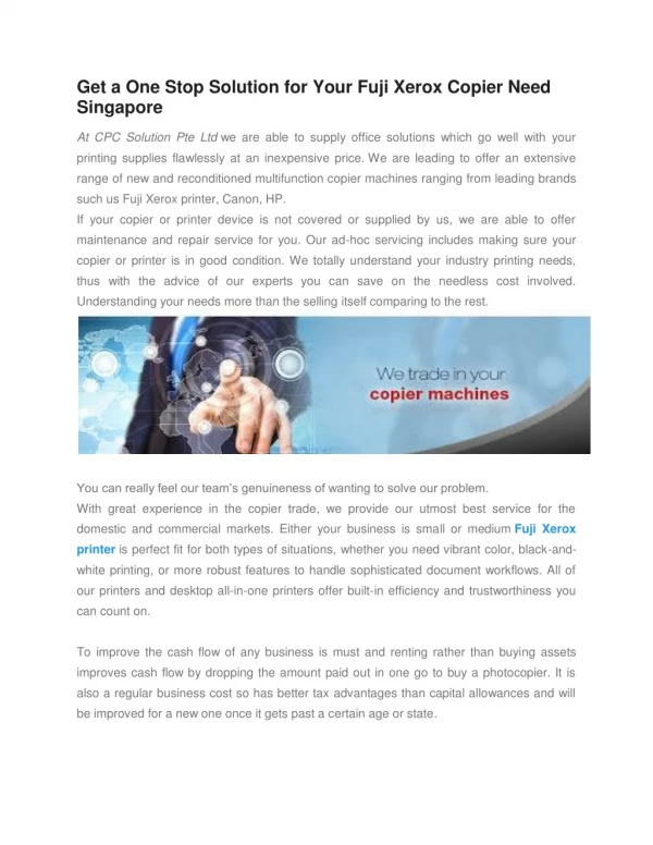 Get a One Stop Solution for Your Fuji Xerox Copier Need Singapore