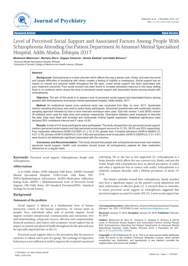 Level of Perceived Social Support and Associated Factors Among People With Schizophrenia Attending Out Patient Departmen