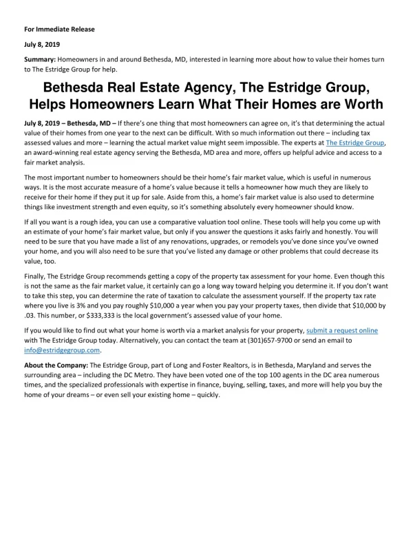 Bethesda Real Estate Agency, The Estridge Group, Helps Homeowners Learn What Their Homes are Worth