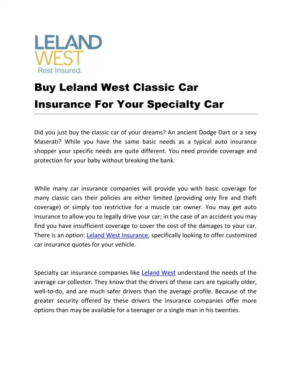 Buy Leland West Classic Car Insurance For Your Specialty Car