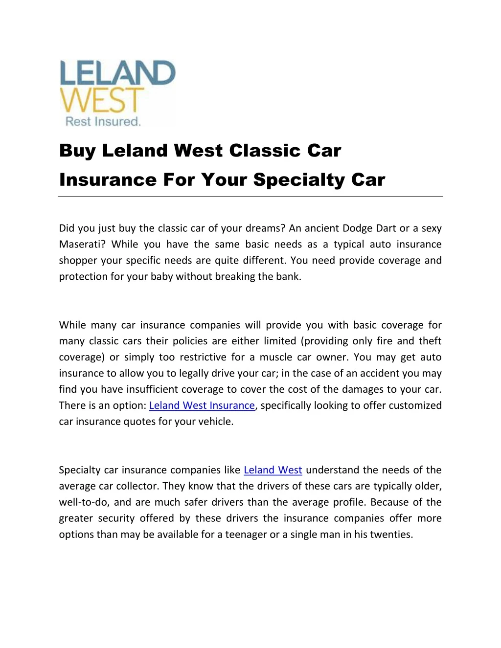 buy leland west classic car insurance for your