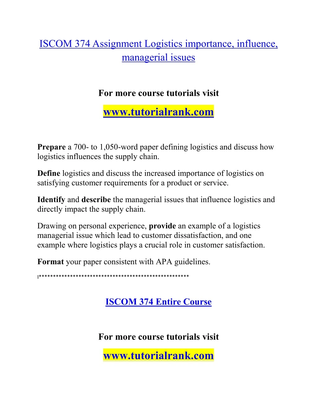 iscom 374assignment logistics importance