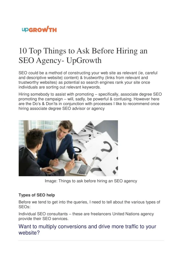 10 Top Things to Ask Before Hiring an SEO Agency- UpGrowth