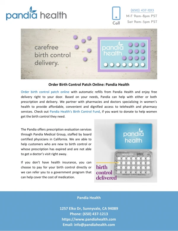 Order Birth Control Patch Online: Pandia Health