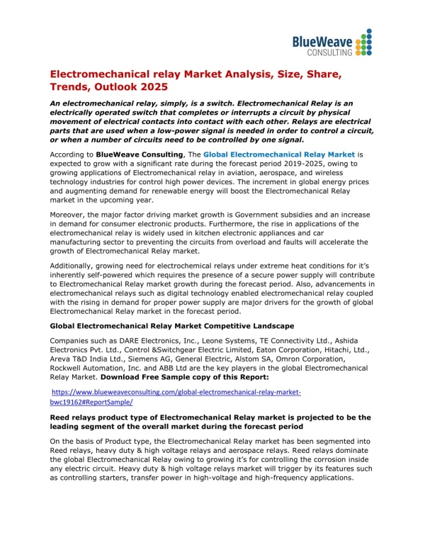 Electromechanical Relay Market Research-Report Applications, Segmentation, Size, Key-Players, Trends and Industry For