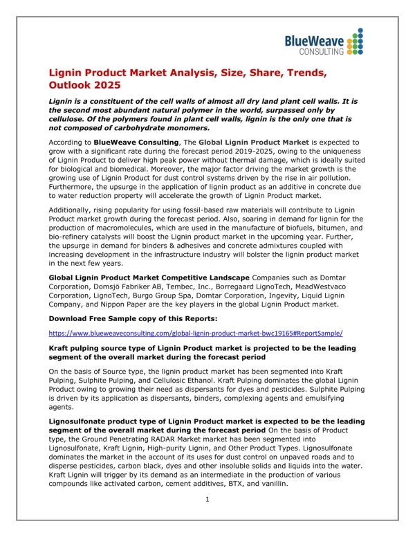 Global Lignin Product Market Insights and Forecast to 2025