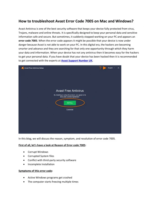 Fixing Avast 7005 Error code