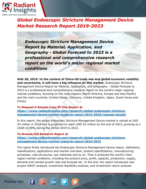 Global Endoscopic Stricture Management Device Market to Witness Huge Growth by 2023