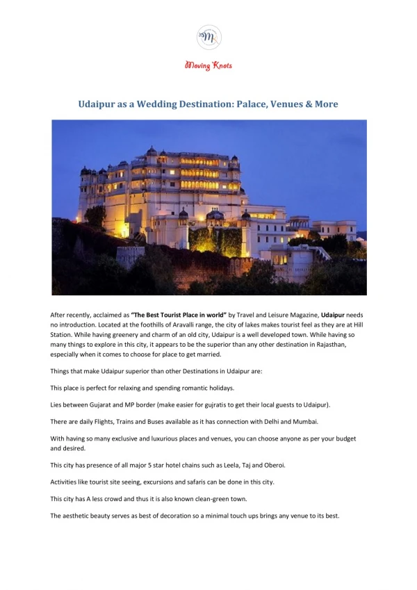 Udaipur as a Wedding Destination