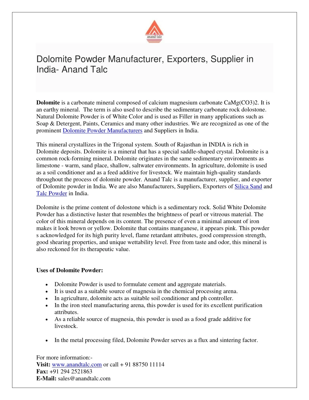 dolomite powder manufacturer exporters supplier