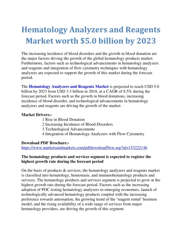 Hematology Analyzers and Reagents Market worth $5.0 billion by 2023