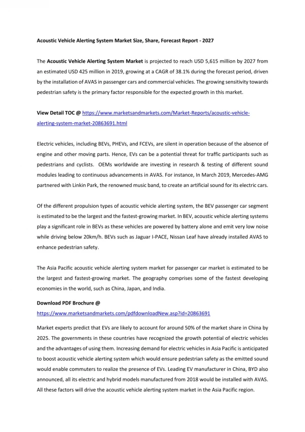 Acoustic Vehicle Alerting System Market Size, Share, Forecast Report - 2027