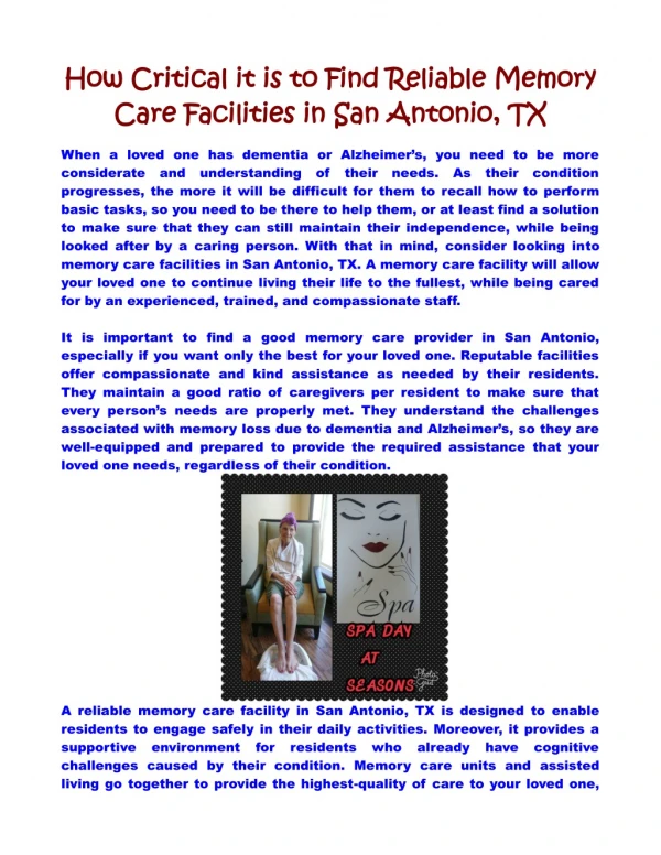 How Critical it is to Find Reliable Memory Care Facilities in San Antonio, TX