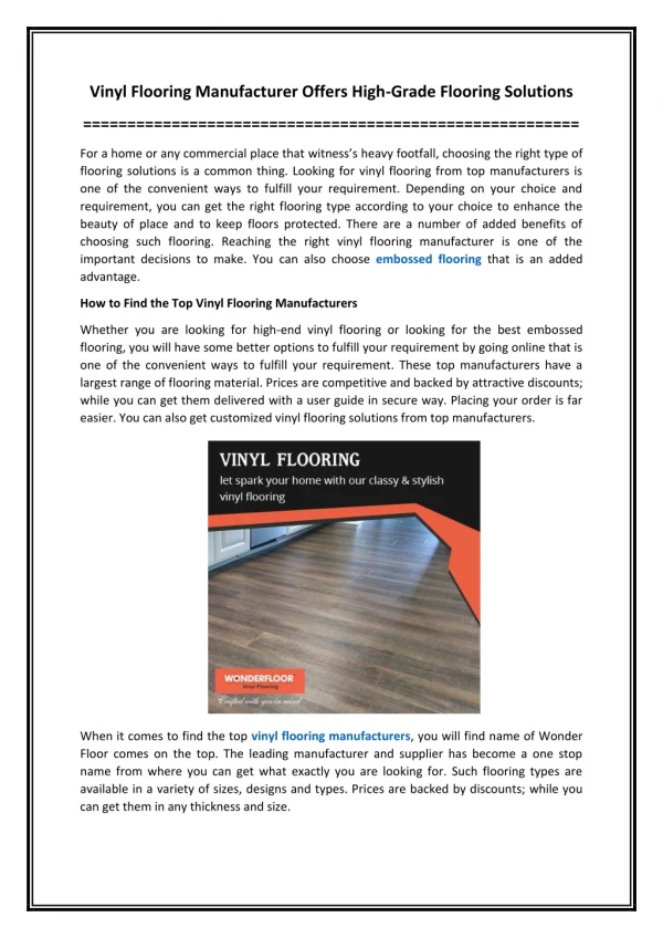 Vinyl Flooring Manufacturer Offers High-Grade Flooring Solutions