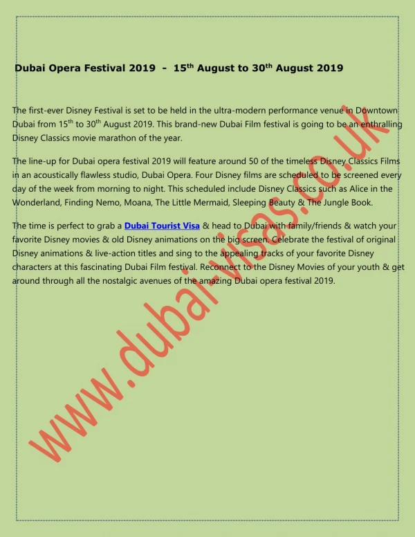 Dubai Opera Festival 2019 - 15th August to 30th August 2019