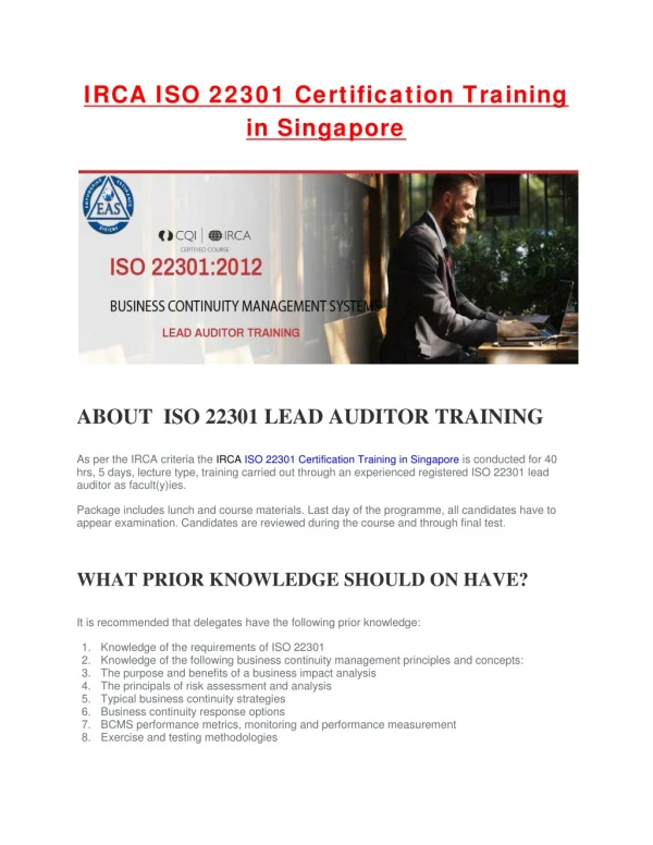 IRCA ISO 22301 Course in Singapore