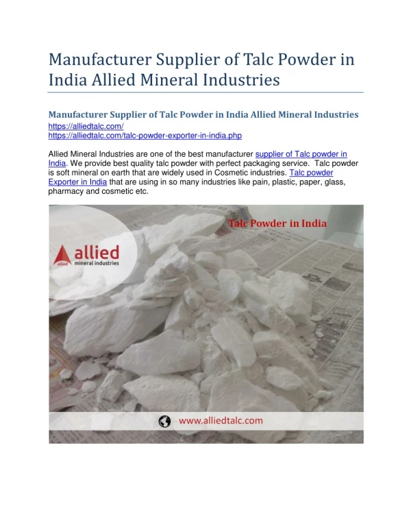 Manufacturer Supplier of Talc Powder in India Allied Mineral Industries