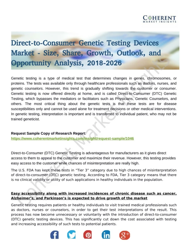 Direct-to-Consumer Genetic Testing Devices Market Size & Share to See Modest Growth Through 2026