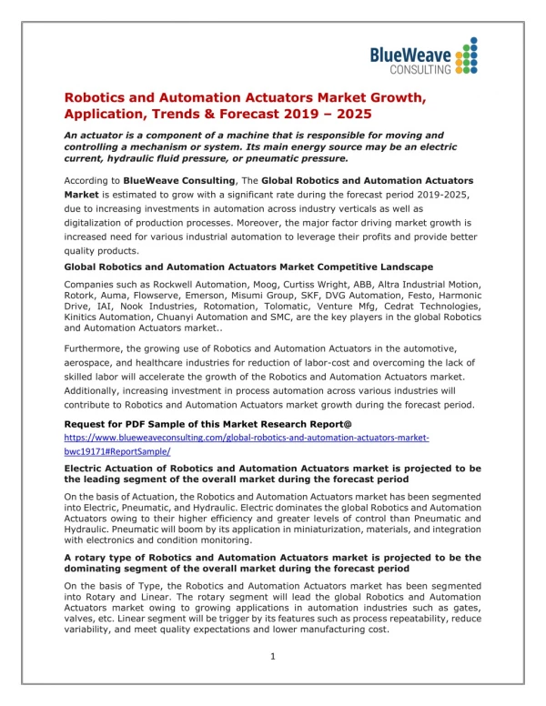 Robotics and Automation Actuators Market Growth, Application, Trends & Forecast 2019 – 2025