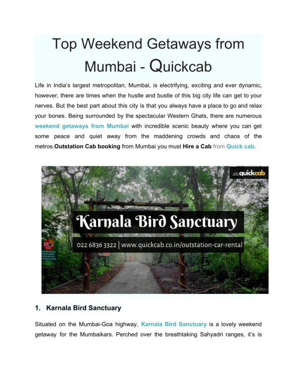 Top Weekend Getaways from Mumbai - Quickcab