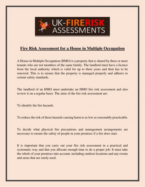 Fire Risk Assessment for a House in Multiple Occupation