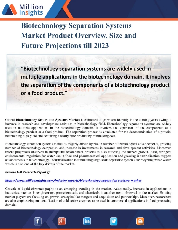 Biotechnology Separation Systems Market Product Overview, Size and Future Projections till 2023