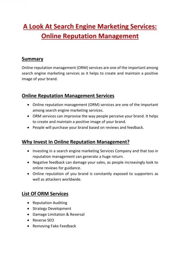A Look At Search Engine Marketing Services: Online Reputation Management