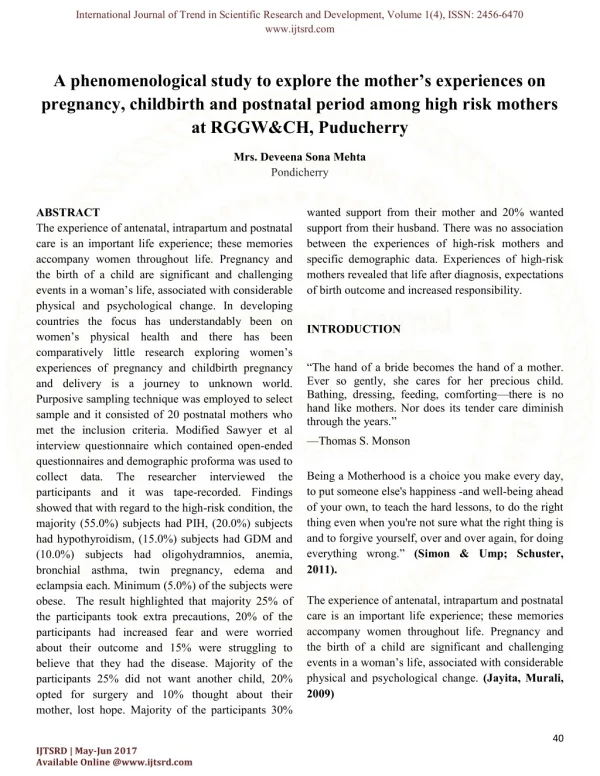 A phenomenological study to explore the mother's experiences on pregnancy, childbirth and postnatal period among high ri