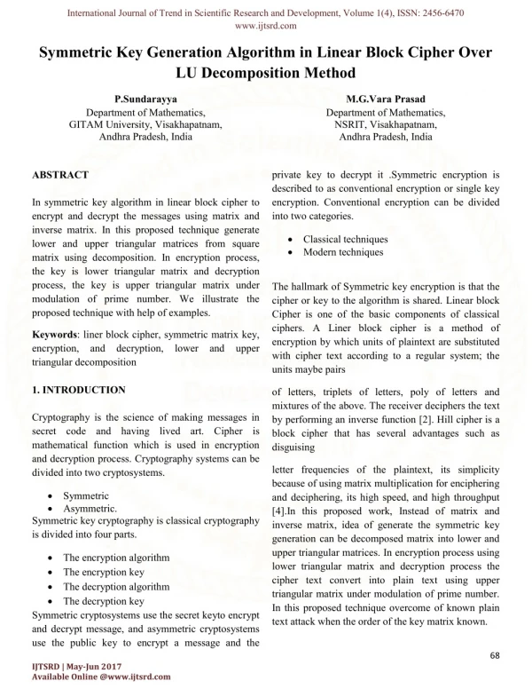 Symmetric Key Generation Algorithm in Linear Block Cipher Over LU Decomposition Method