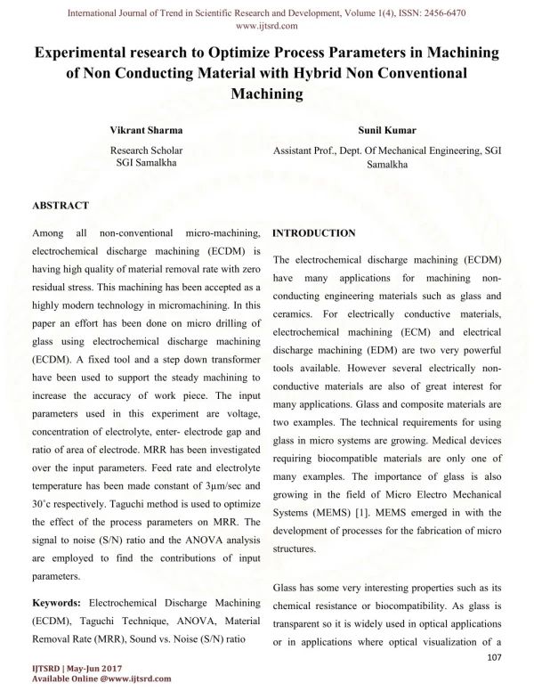 Experimental research to Optimize Process Parameters in Machining of Non Conducting Material with hybrid non conconventi