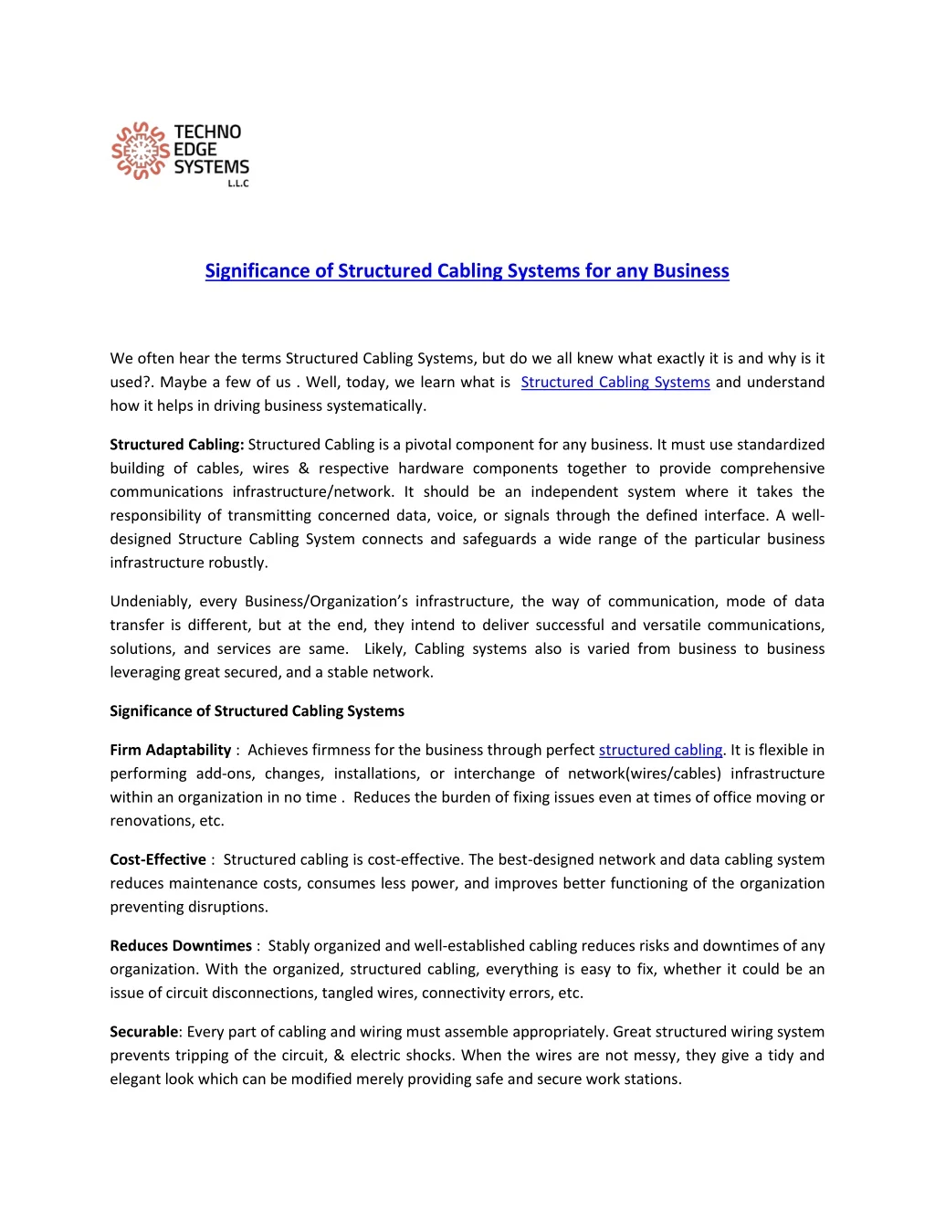 significance of structured cabling systems