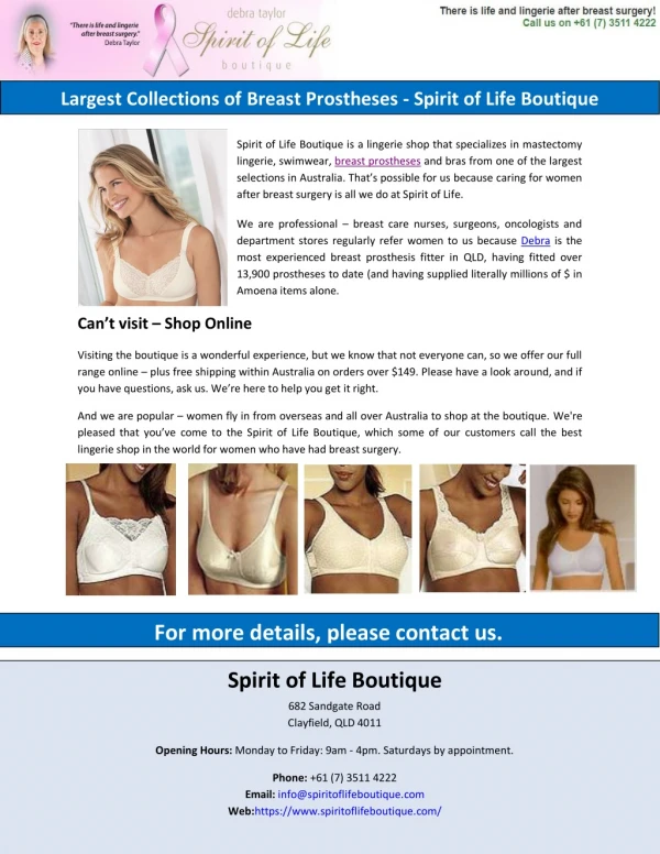 Largest Collections of Breast Prostheses - Spirit of Life Boutique