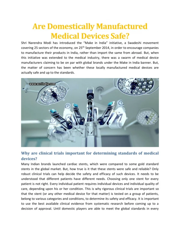Are Domestically Manufactured Medical Devices Safe - ACRI India