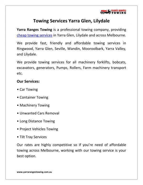 Towing Services Yarra Glen, Mooroolbark, Lilydale - Yarra Ranges Towing