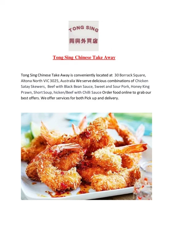 15% Off - Tong Sing Chinese Take Away-Altona North - Order Food Online
