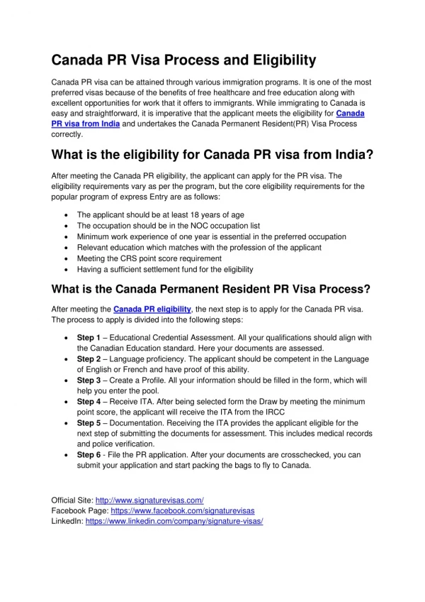 Canada PR Process and Eligibility