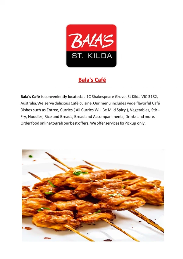 15% Off - Bala's Cafe-St Kilda - Order Food Online
