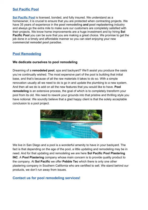 Pool Remodeling Services - Sol Pacific Pools Inc