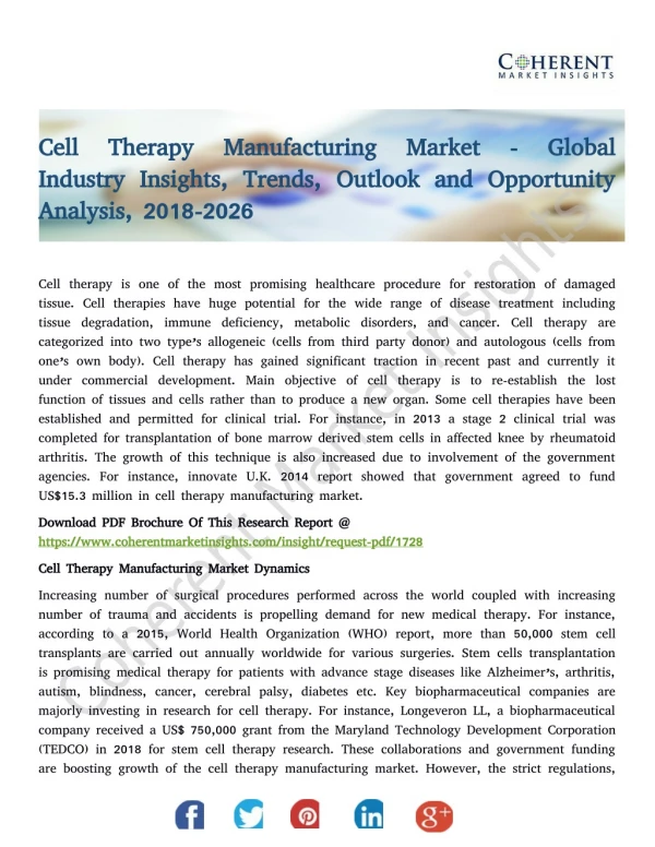 Cell Therapy Manufacturing Market - Outlook, and Opportunity Analysis, 2018-2026