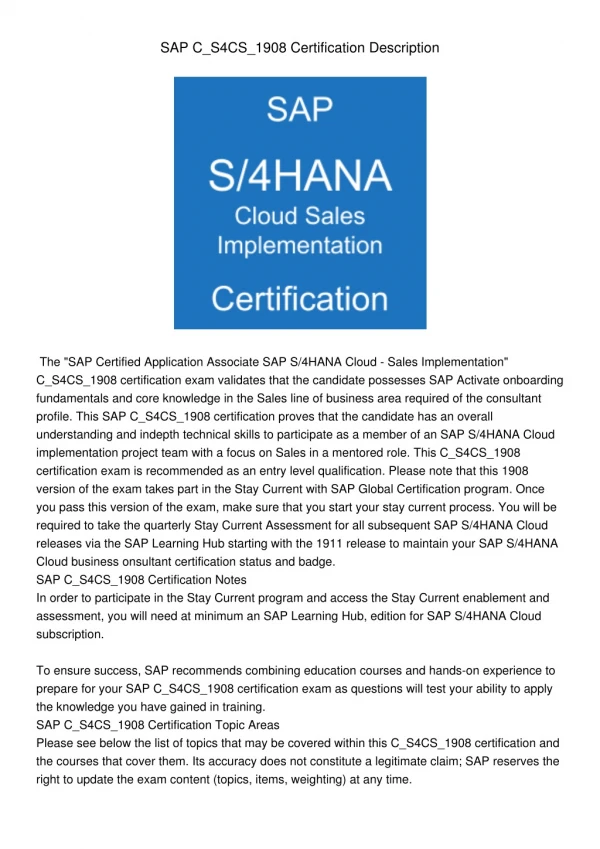 SAP C_S4CS_1908 Certification