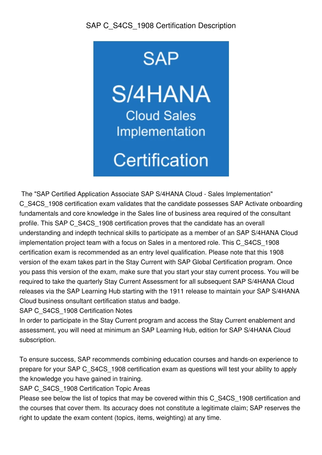 sap c s4cs 1908 certification description